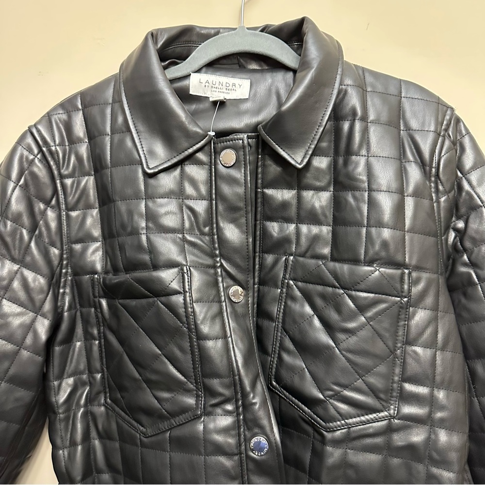 Laundry by Shelli Segal Quilted Faux Leather Tie Waist Button Up Jacket Coat - Picture 3 of 7